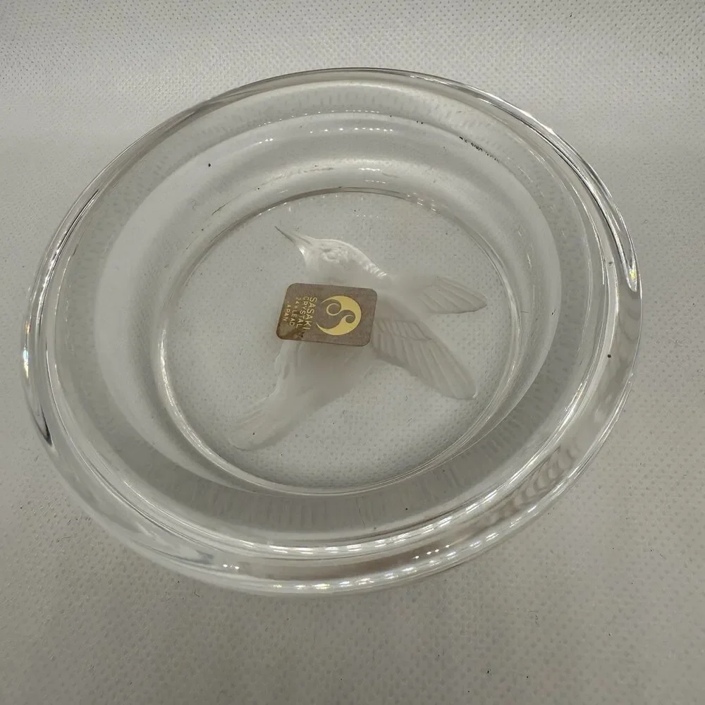 Sasaki Crystal Glass Hummingbird Bird Japan 4” Trinket Dish
